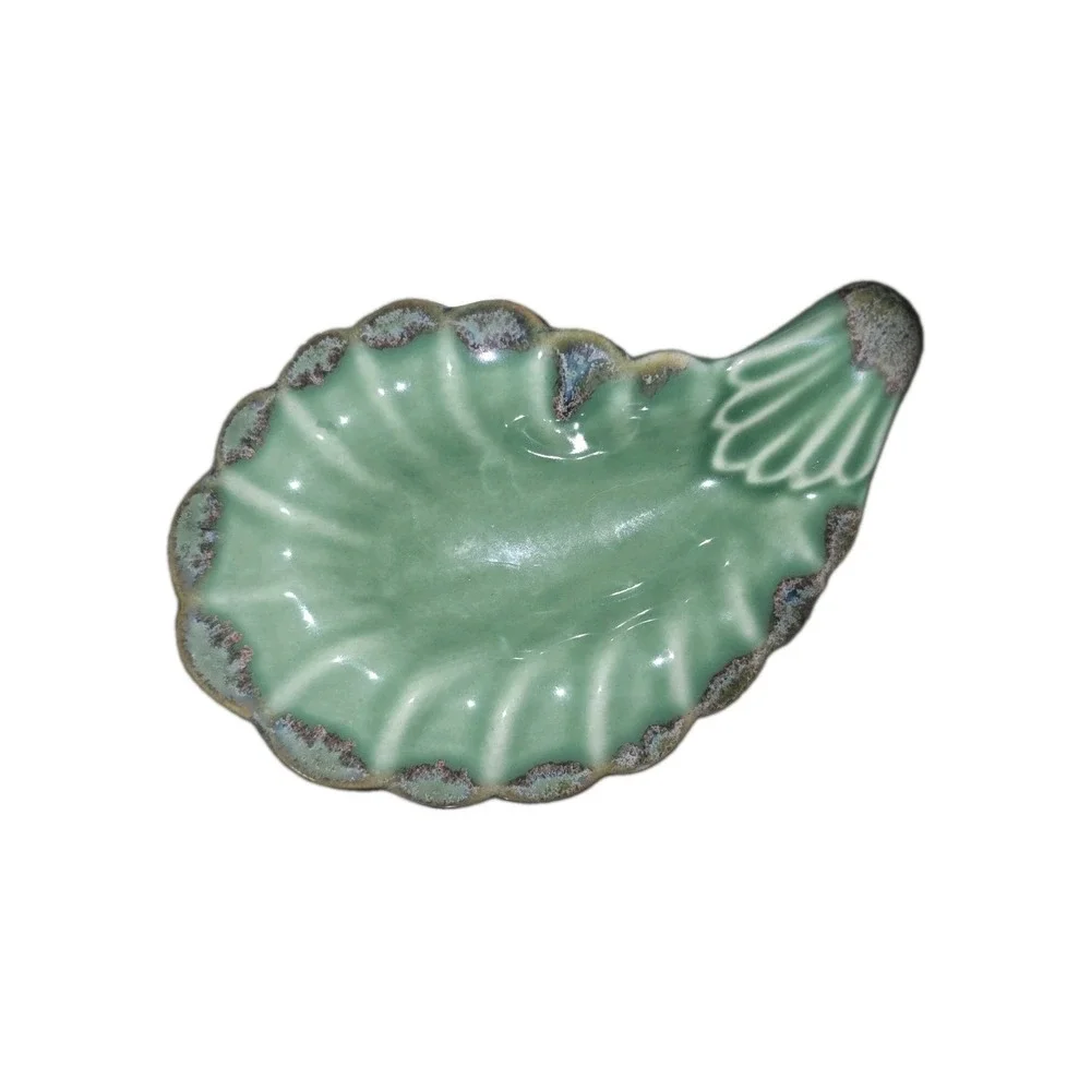 Vintage Green Ceramic Leaf Trinket Dish | Cottagecore Grannycore Ring Tray Spoon